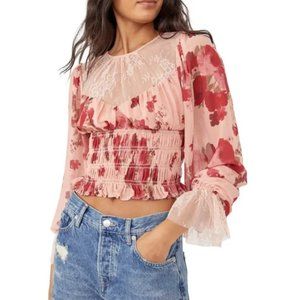 NWT Free People Daphne Cropped Smocked Romantic Blouse